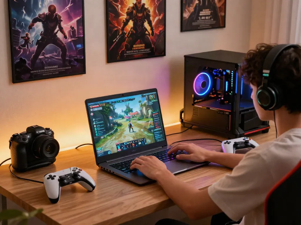 Pengguna JPTOTO sedang bermain game online di laptop dengan aksesori gaming modern.
