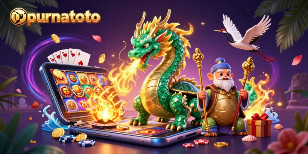 Jelajahi kesenangan bermain slot di purnatoto dengan naga hijau berapi dan simbol keberuntungan.