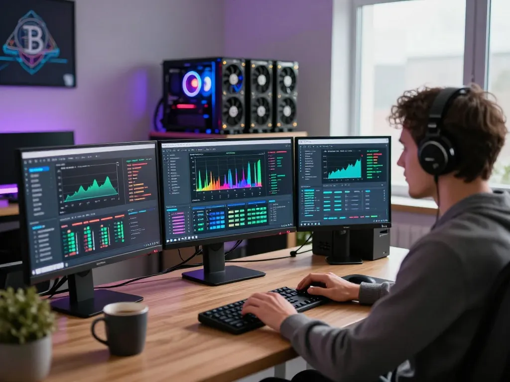 Engaging online crypto mining workspace with individual at high-tech workstation, monitors displaying mining analytics and vibrant LED lights.