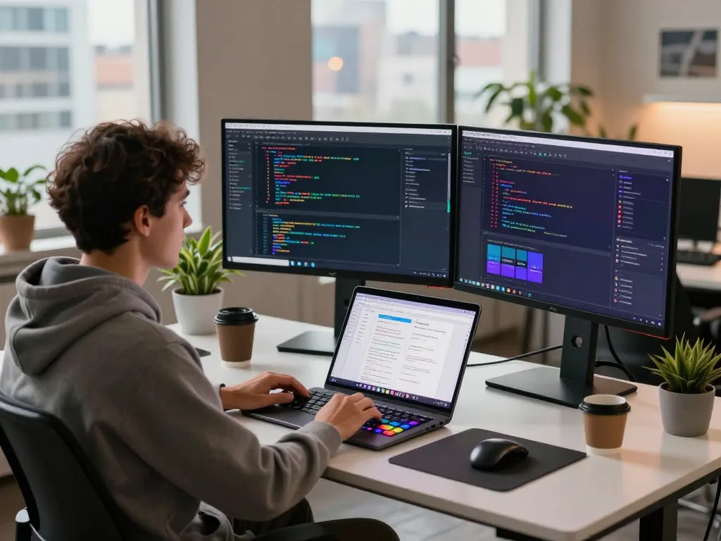 A developer working with Moltbot AI in a modern tech workspace, showcasing dual monitors and a vibrant coding environment.
