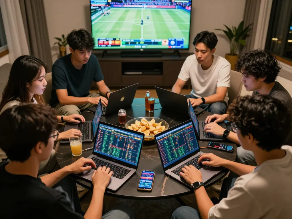 Engaged friends discussing strategies at home with 789win link mới for sports betting on multiple screens.