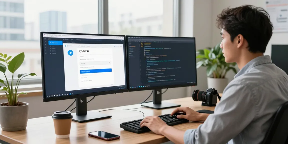 Focused developer using 纸飞机中文版 on dual monitors in a modern tech workspace.
