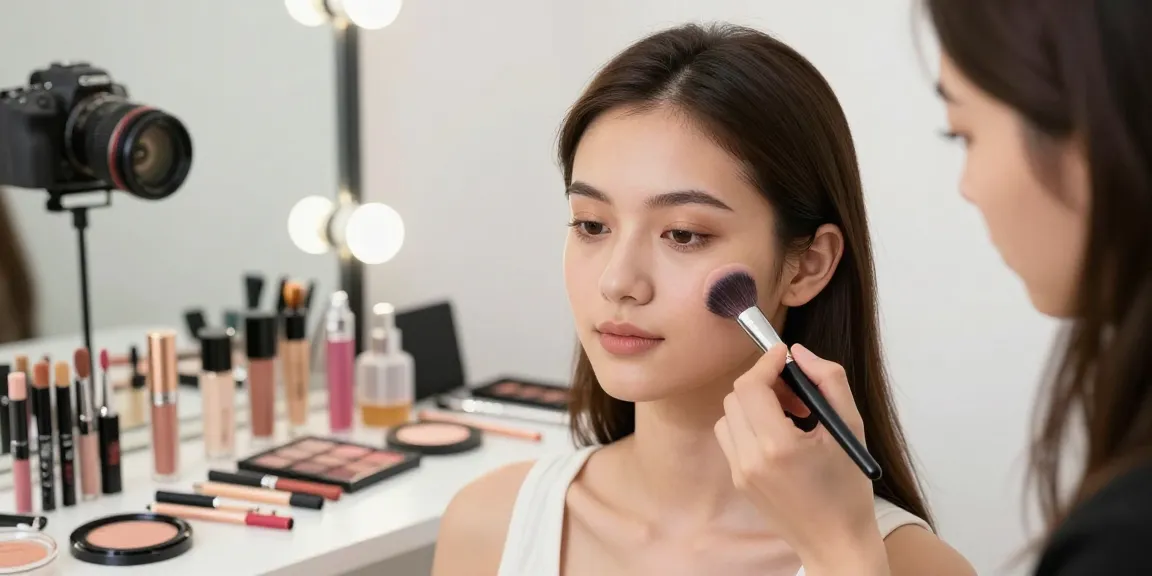 Model receiving a natural makeup application using a dense makeup brush in a bright studio.