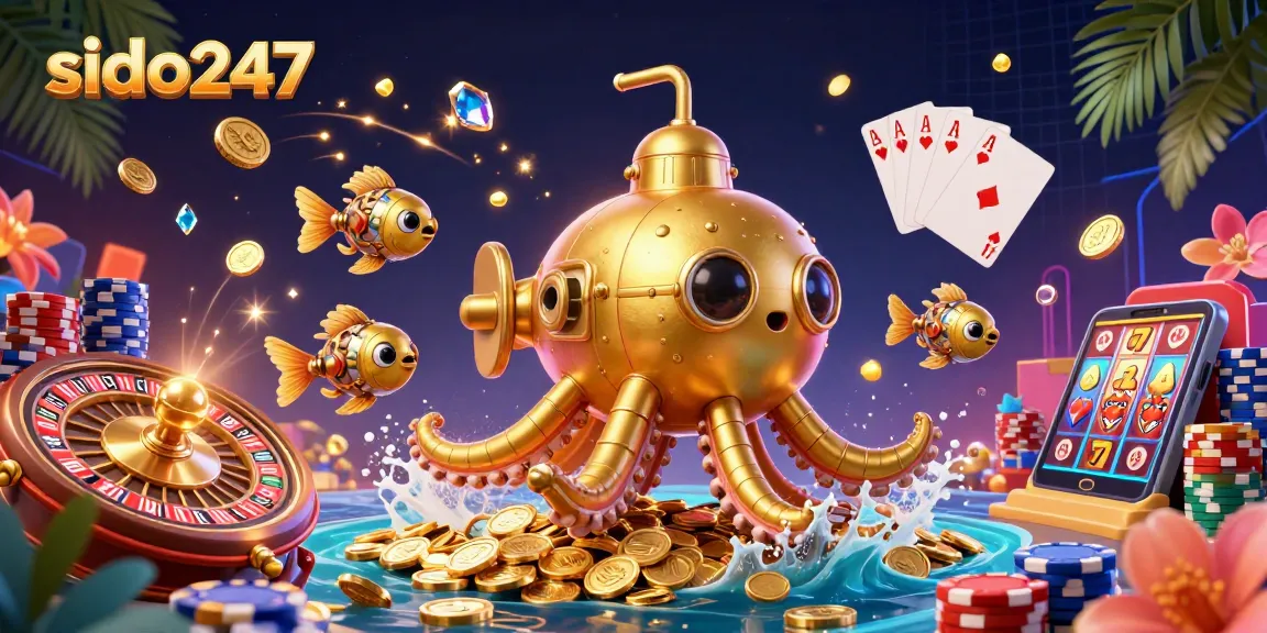 Experience thrilling action with sido247 as the golden kraken submarine navigates through cascading coins and vibrant gaming elements.