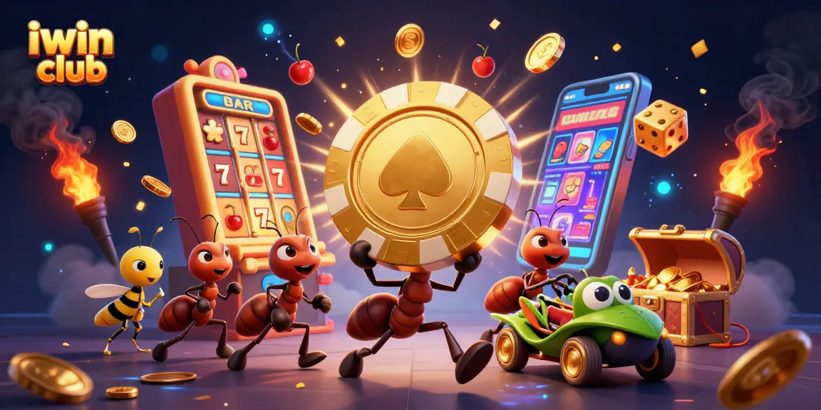 Experience an exciting adventure with iwin club as ants heist a giant poker chip amidst vibrant casino elements.