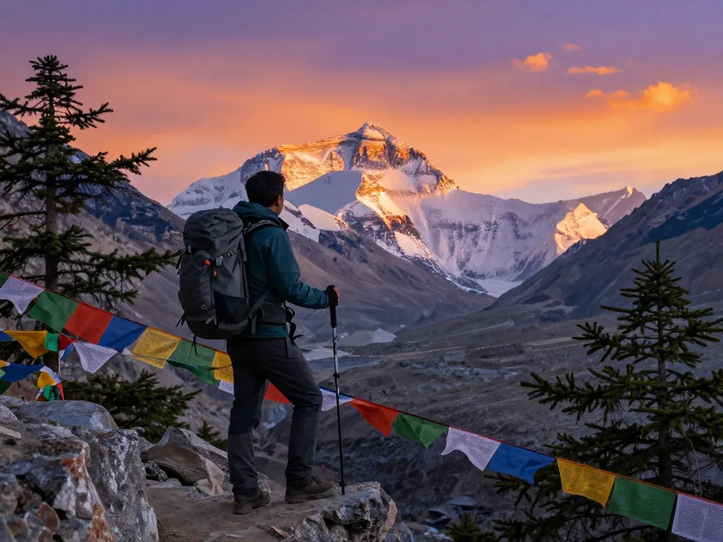 Stunning view of Everest Base Camp Heli Trek at sunrise, traveler admiring the scene with trekking gear and prayer flags.