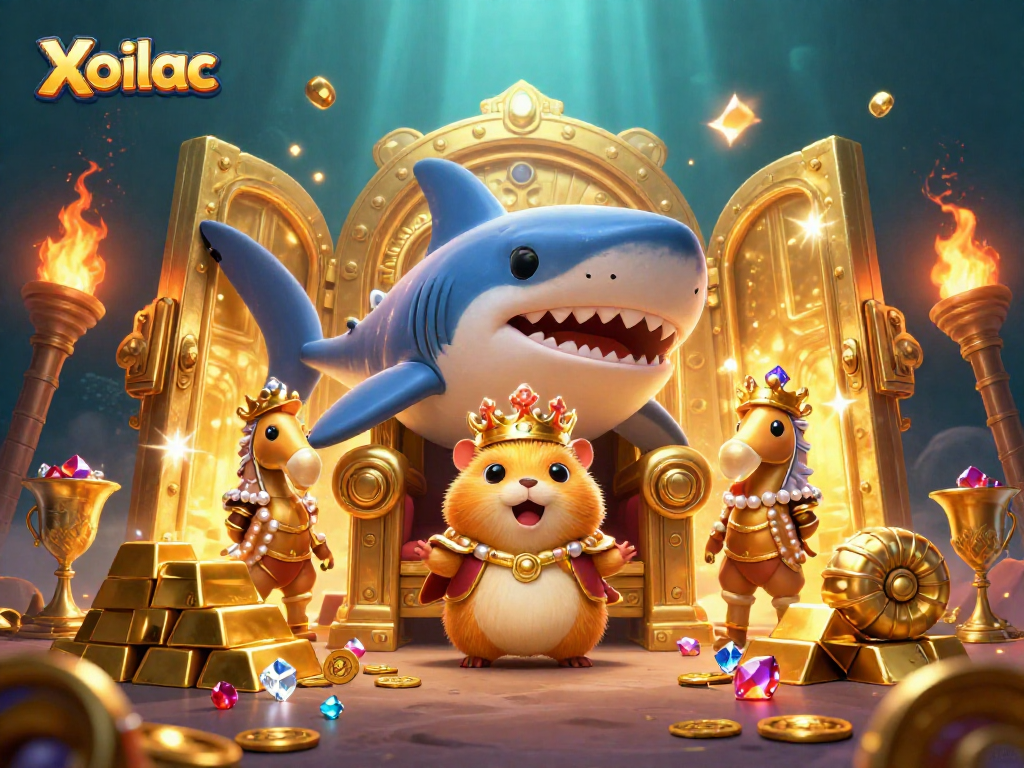 Xoilac delivers treasures in a fierce underwater scene with a hamster king and royal guards.