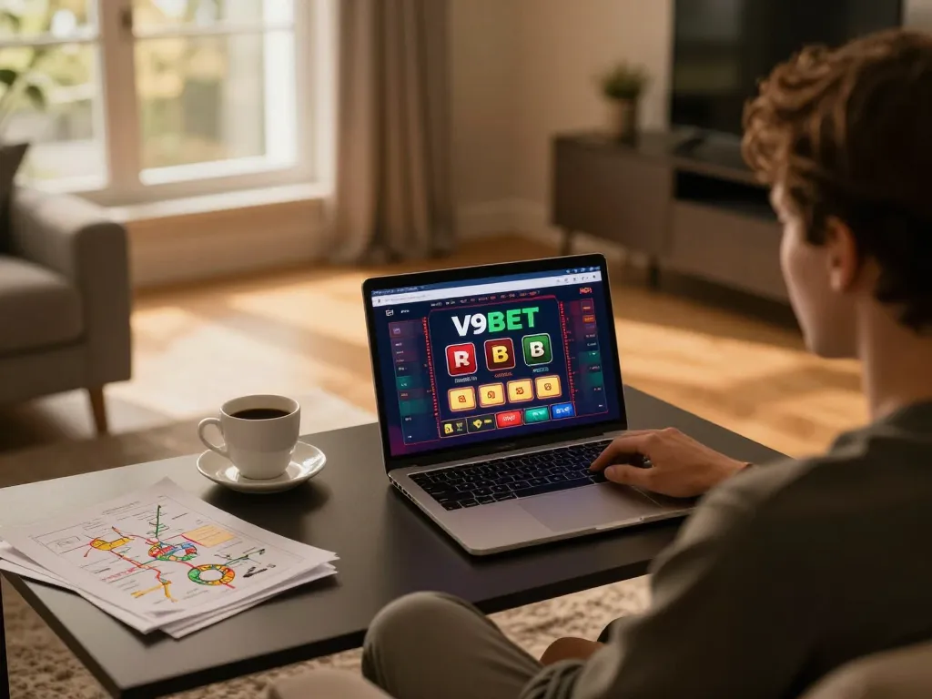 A person engages in online gaming at V9BET, enjoying a comfortable home environment with strategy notes and a laptop.