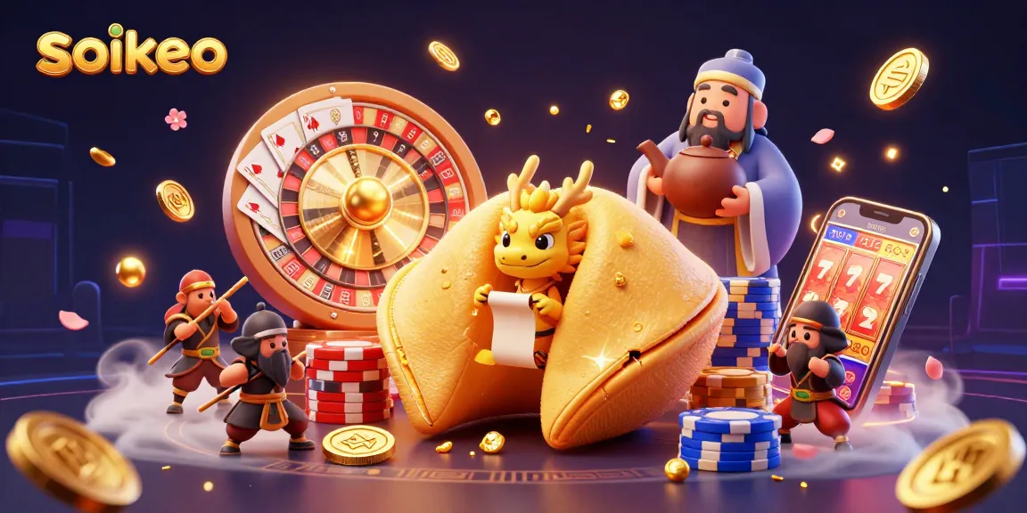 Bet on soikeo with a whimsical neon-lit casino scene featuring a gold fortune cookie, dragon, and playful elements.