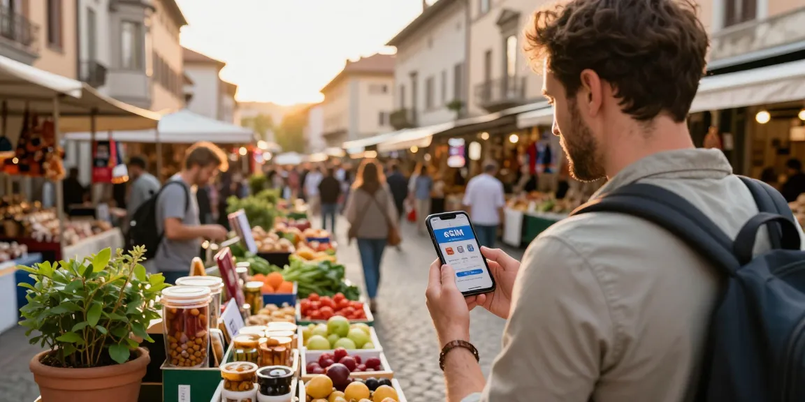 Traveler using eSIM coupons in a bustling European market filled with local products.