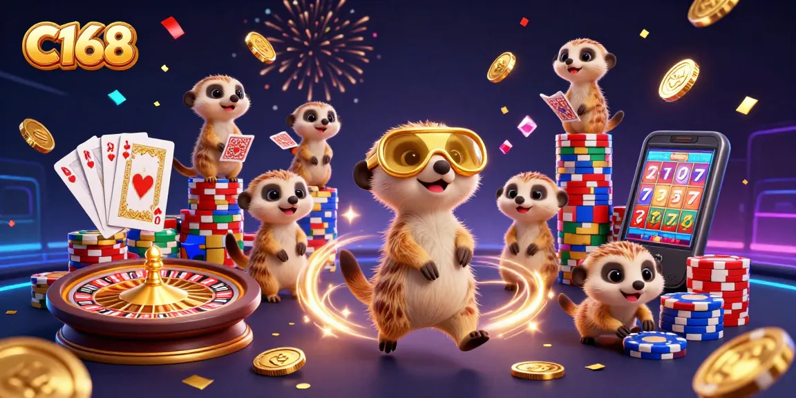 Experience thrilling gaming at C168 with animated meerkats managing a vibrant casino scene.