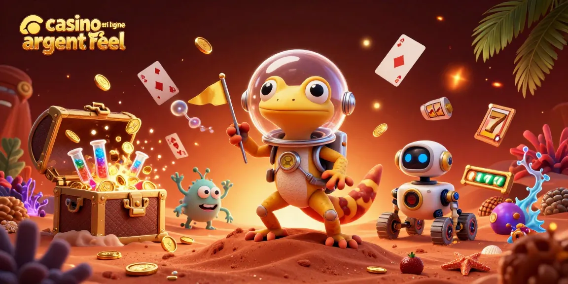 Illustration d'un gecko martien découvrant un casino en ligne argent réel avec des pièces d'or et des symboles de jeu animés.
