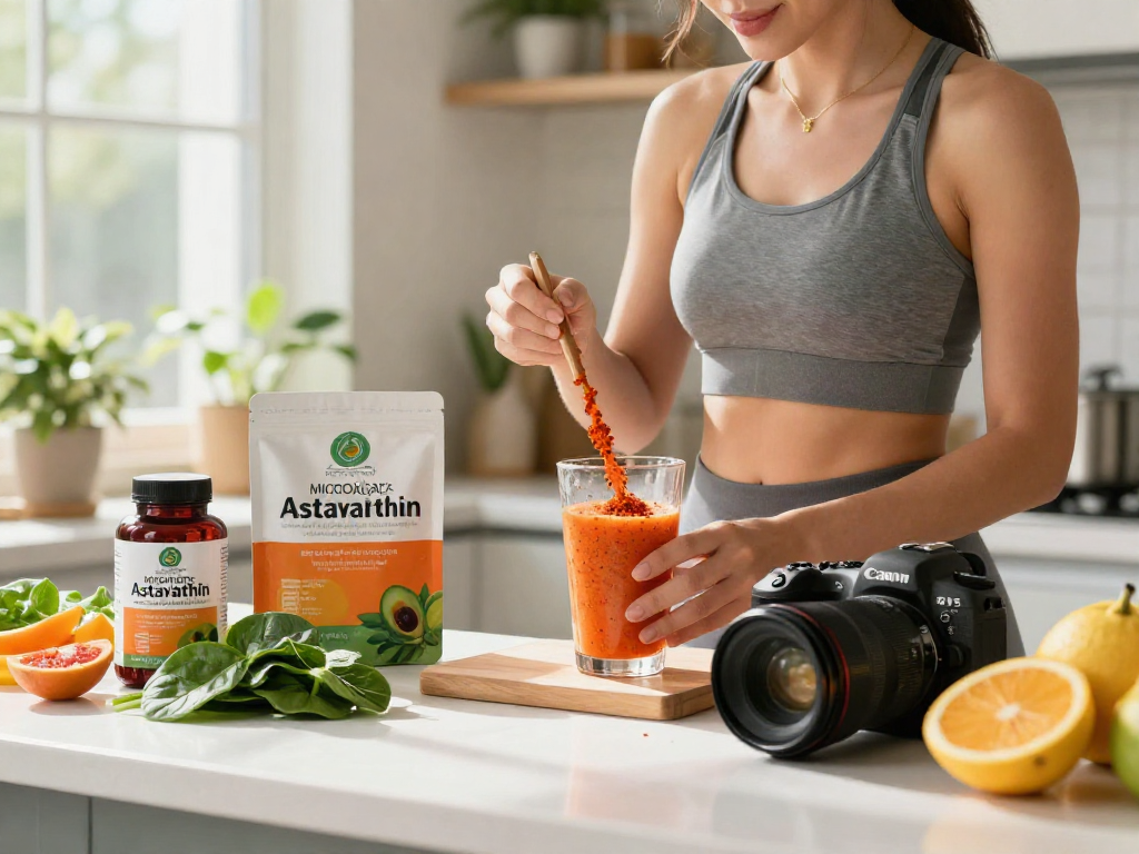 Health-focused smoothie preparation with microalgae astaxanthin ingredients in a bright kitchen.