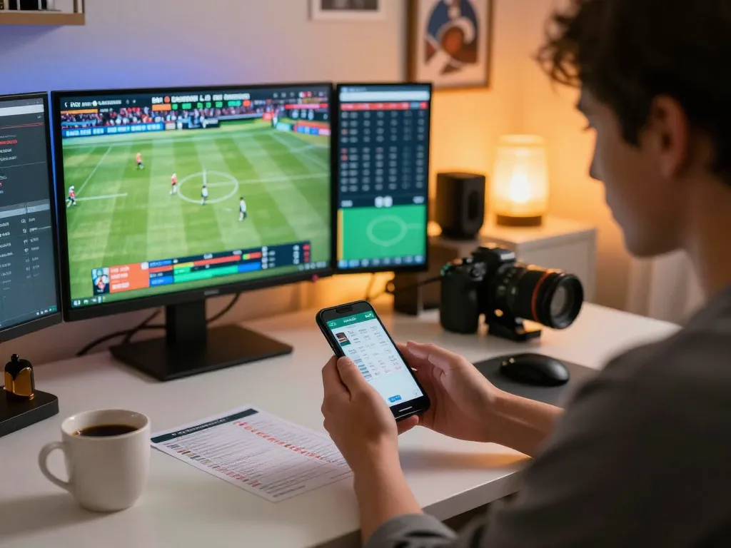 Person engaging in sports betting via smartphone with live events displayed.