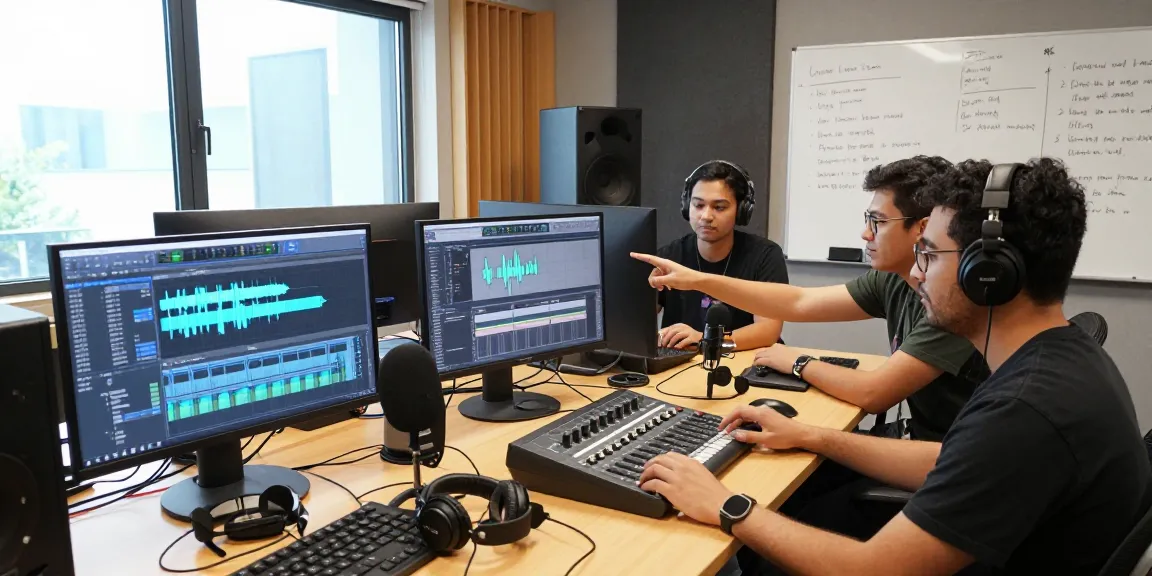 Engaged students learning in a sound design and audio editing course, showcasing modern studio equipment and collaborative atmosphere.