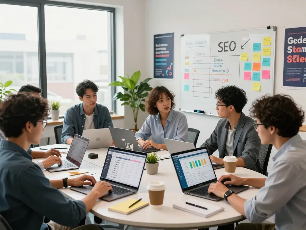 Team collaboration representing the best SEO company NYC focusing on analytics and strategies in a vibrant office.