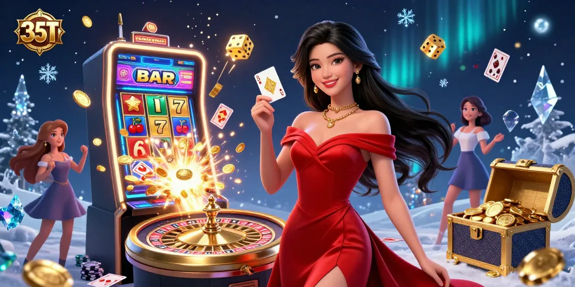 Experience the thrilling casino action at 35T featuring a glamorous dealer and vibrant gaming elements.