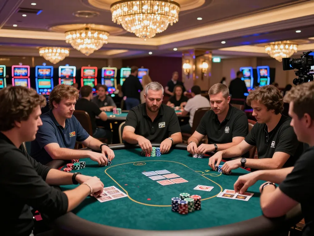 Players engage in a high-stakes poker game at a vibrant casino venue while using 包网 services to improve their gaming experience.