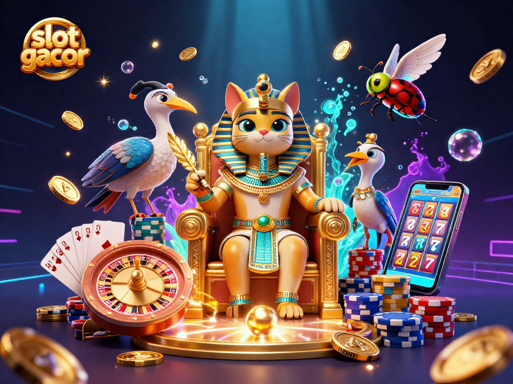 Spin to win with slot gacor in this vibrant casino illustration featuring lucky symbols and characters.