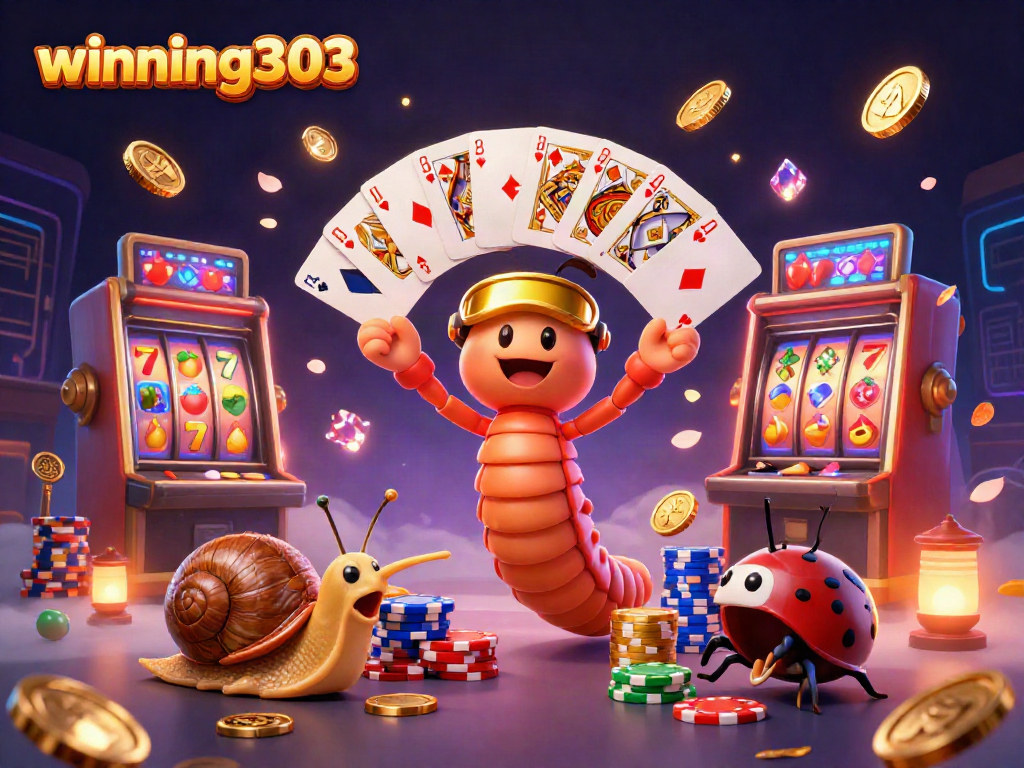Experience the excitement of winning303 with a vibrant 3D casino scene showcasing a unique dealer and thrilling game elements.