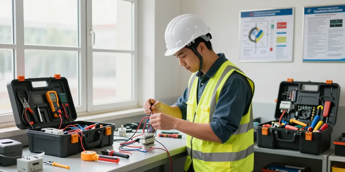 Electrician certification guide featuring a professional examining wiring in a well-lit workshop