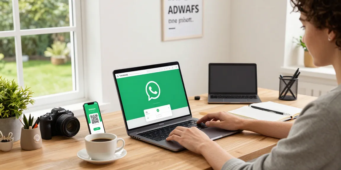 Engaging workspace scene for WhatsApp網頁版 setup with laptop and smartphone in bright home office