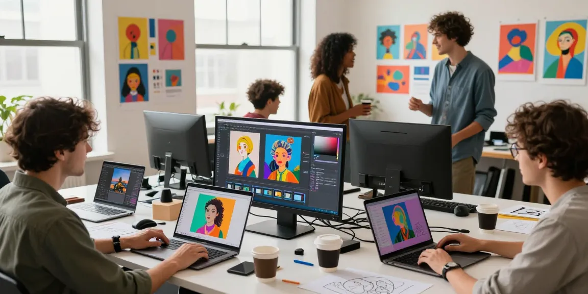 Creative workspace with artists using the nano banana pro AI for vibrant image editing.