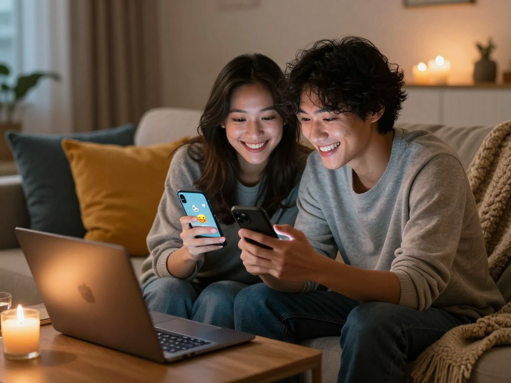 Couple using sexting AI on their smartphones in a cozy setting.