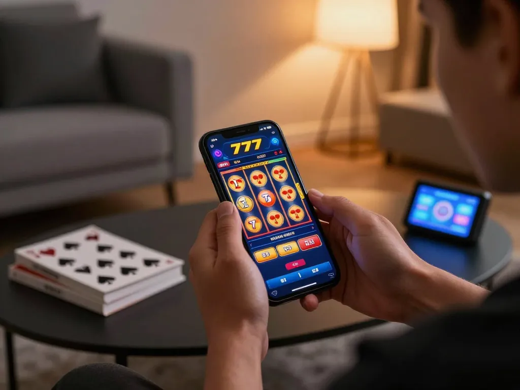 Experience thrilling gameplay with slot777 on a smartphone during a cozy evening.
