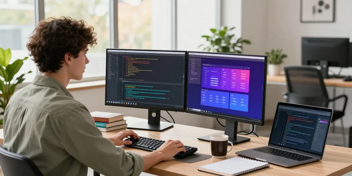 Developer coding in a modern workspace using 纸飞机中文版 for software projects.