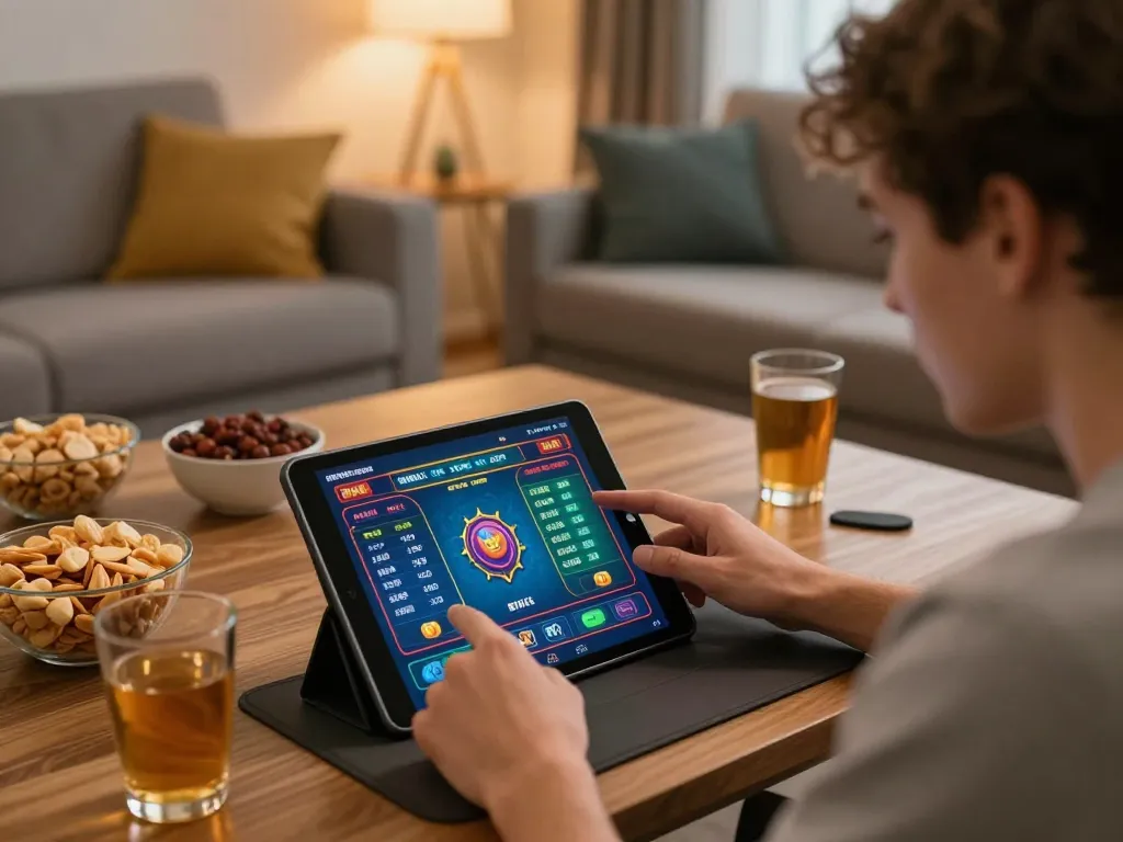 Player exploring agen toto terpercaya options on tablet in a cozy home setting, emphasizing smart betting strategies.