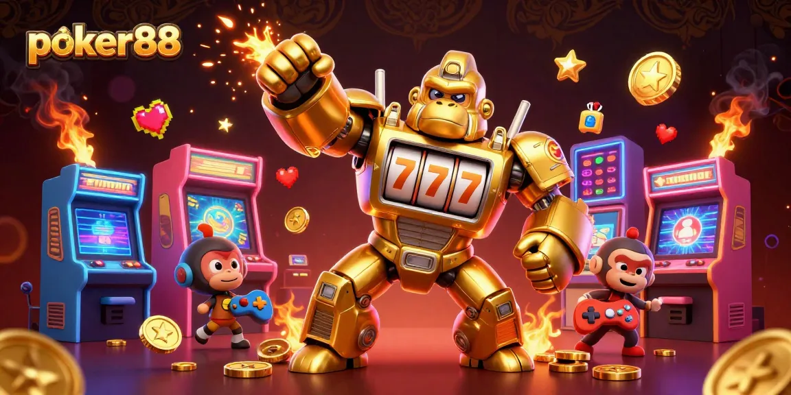 Experience casino excitement with poker88 in this dynamic 3D gaming illustration featuring a golden gorilla mech.