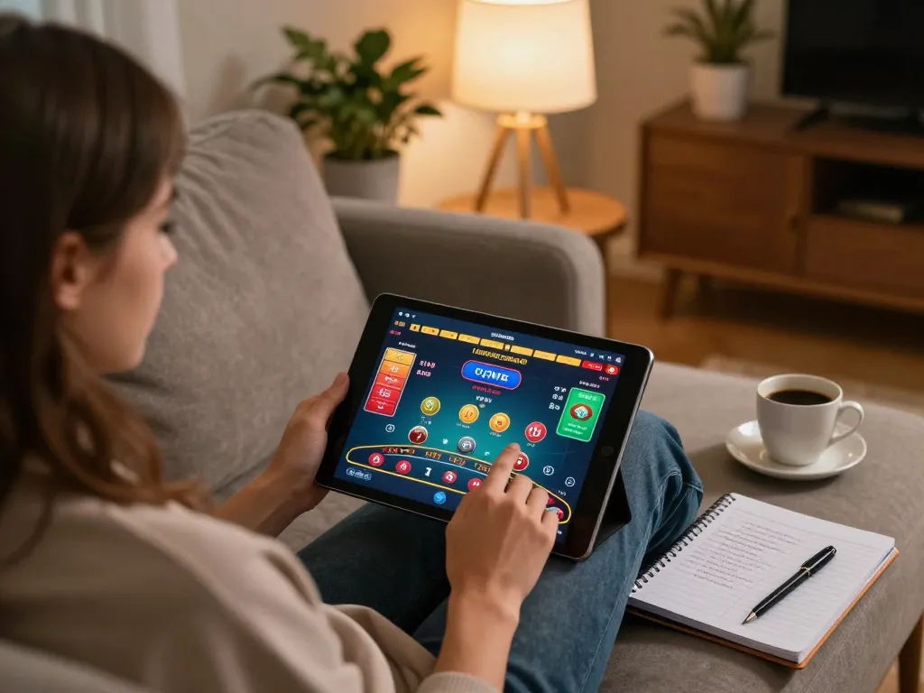 Engaged player exploring onbet blackjack game on a tablet in cozy home setting