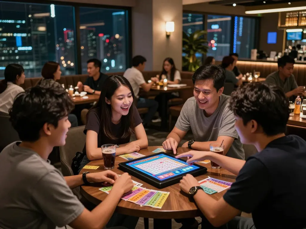 Players eagerly watching live Data HK results in an urban lounge while enjoying Togel Hongkong Lotto.