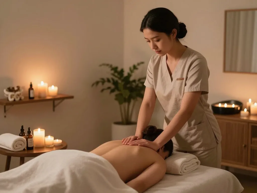 Relaxing 출장안마 session in a serene home spa setting with a skilled therapist.