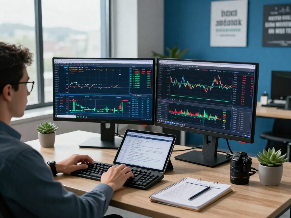Engaging workspace depicting a trader's setup using metatrader 5 with dual monitors and market analysis tools.