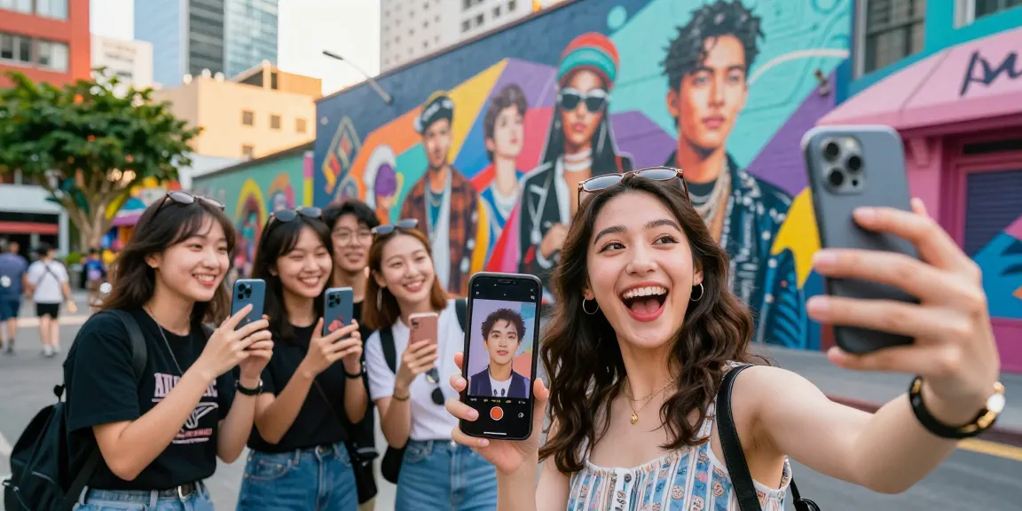 User joyfully discovering their celebrity look alike in an urban setting.