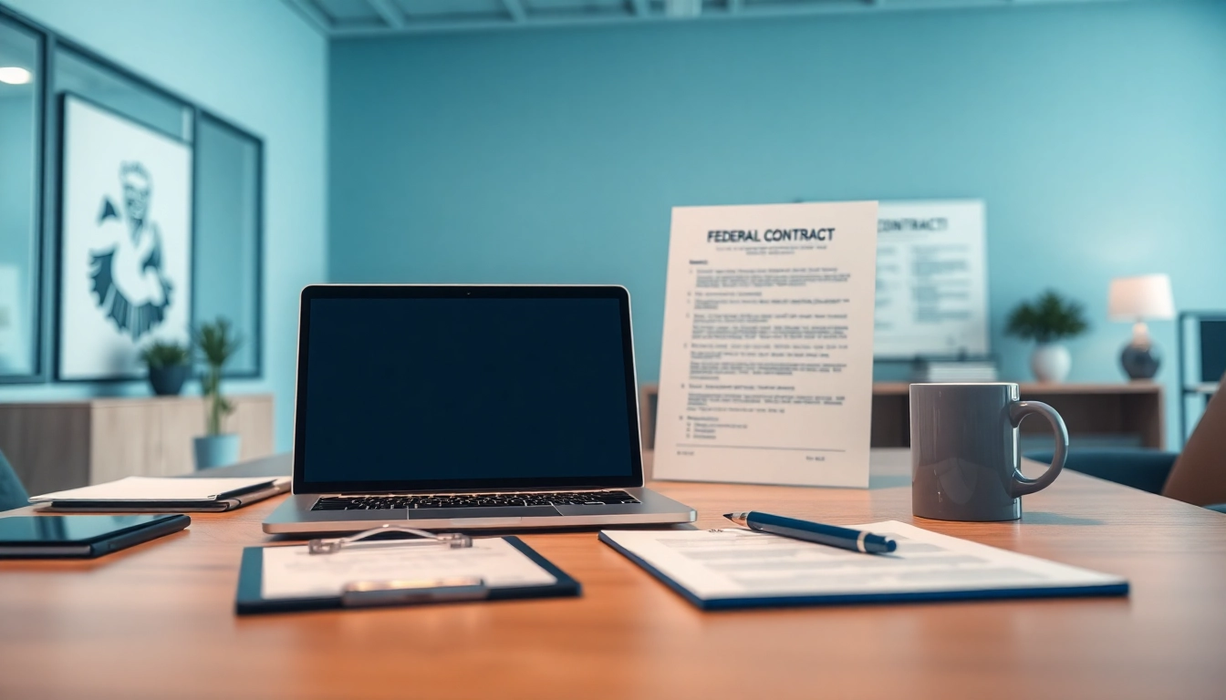 Streamlined registration and certification in Federal databases for federal contracts taking place in a modern office.