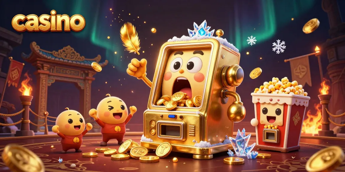 Casino scene featuring a joyful slot machine hitting a jackpot with coins bursting forth.