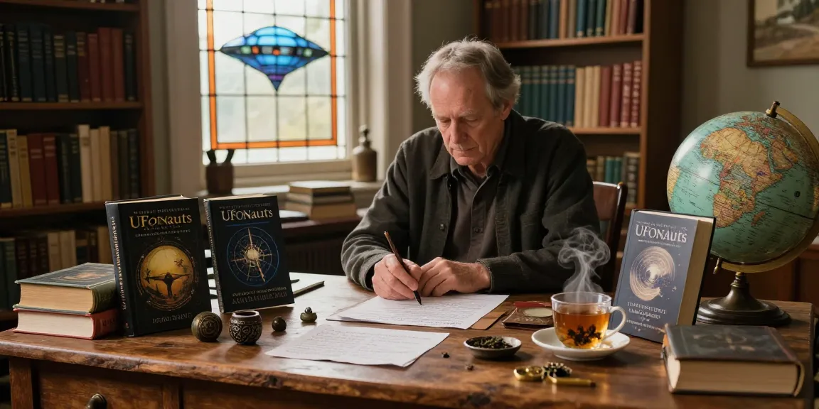 T Allen Greenfield's UFOnauts in a cozy library setting at https://tallengreenfield.com, surrounded by books and spiritual artifacts.