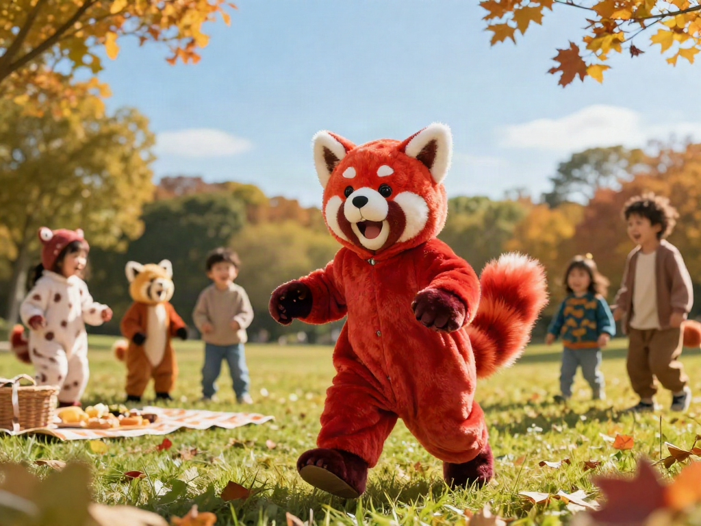 A child joyfully wearing a red panda costume in a park, surrounded by playful friends and colorful autumn leaves.