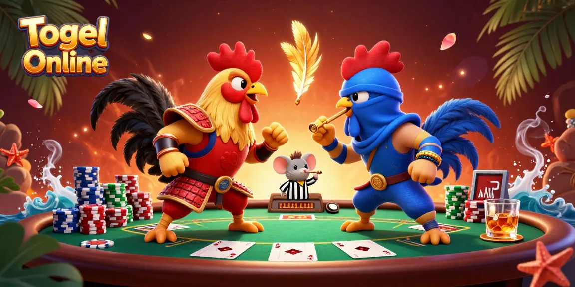 Engage with Togel Online as cartoon roosters battle at a vibrant poker table.