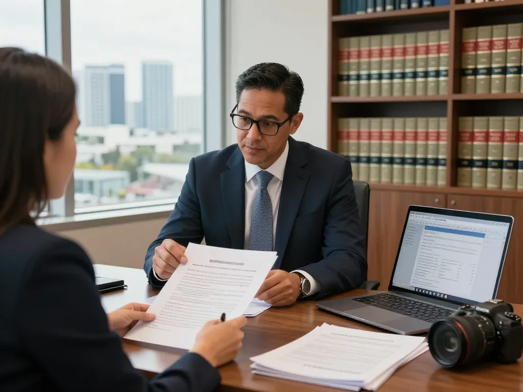 Boca Raton Construction Litigation Lawyer reviewing contracts with a client in a professional office setting