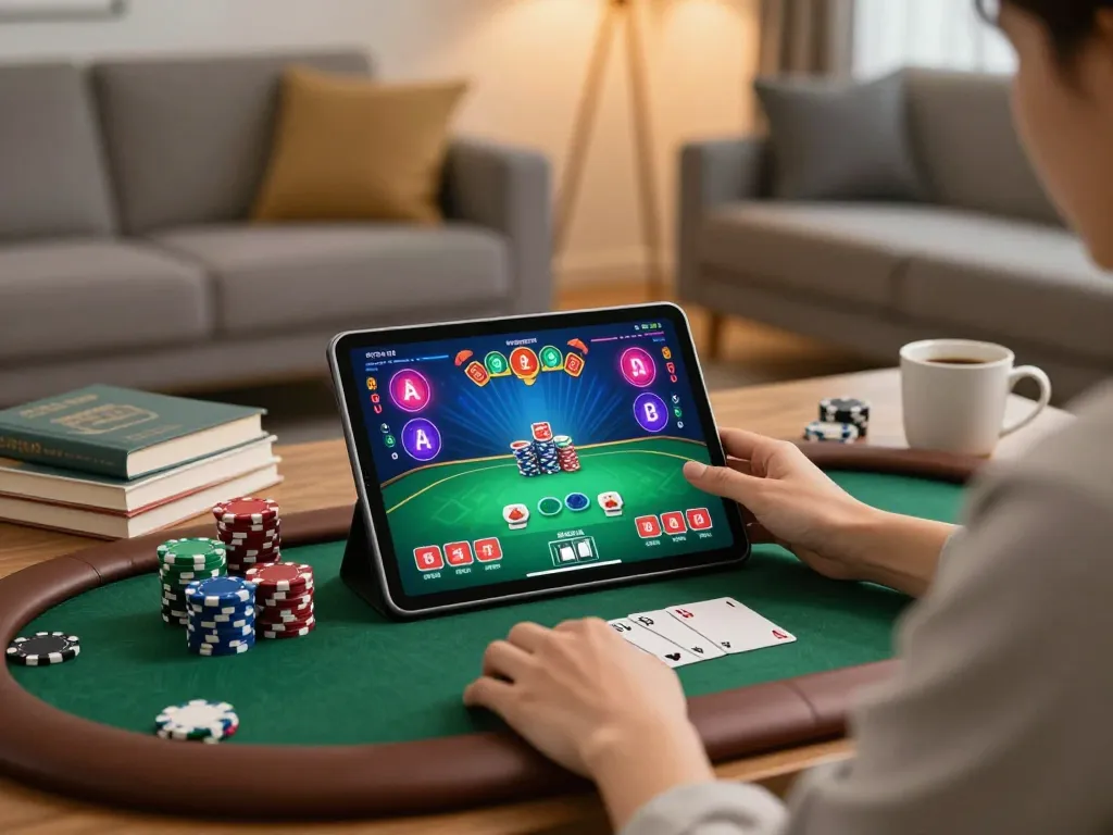 Enjoying poker online with kim99 in a cozy living room setting while using a tablet for gameplay.