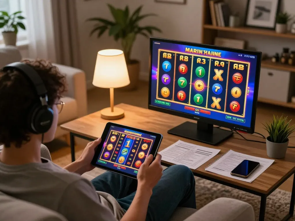 Player enjoying online slots at home with Jun88, showcasing vibrant game interface on tablet.
