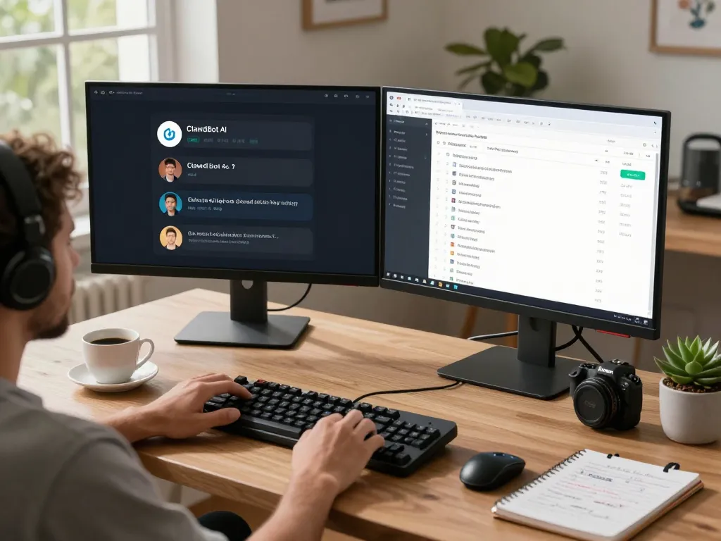 Developer utilizing ClawdBot AI on dual screens in a modern workspace, showcasing productivity and smart integration.