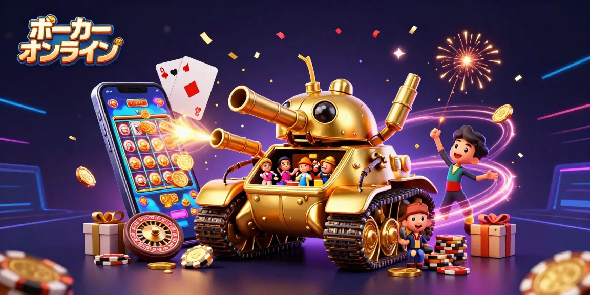 ポーカーオンラインでの大規模なカジノ体験を表現したイラスト、ゴールデンビートルタンクとゲーム要素が高揚感を演出。