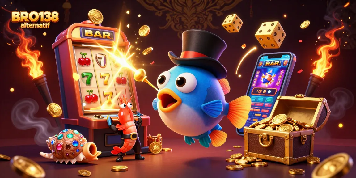 Spin and win with BRO138 alternatif, featuring a playful anglerfish, pirate shrimp, and a treasure snail amidst casino excitement.