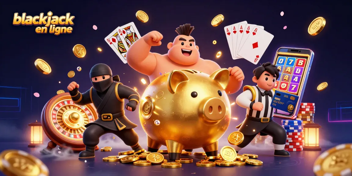 Jouez au blackjack en ligne avec cette illustration dynamique de personnages et d'éléments de casino.