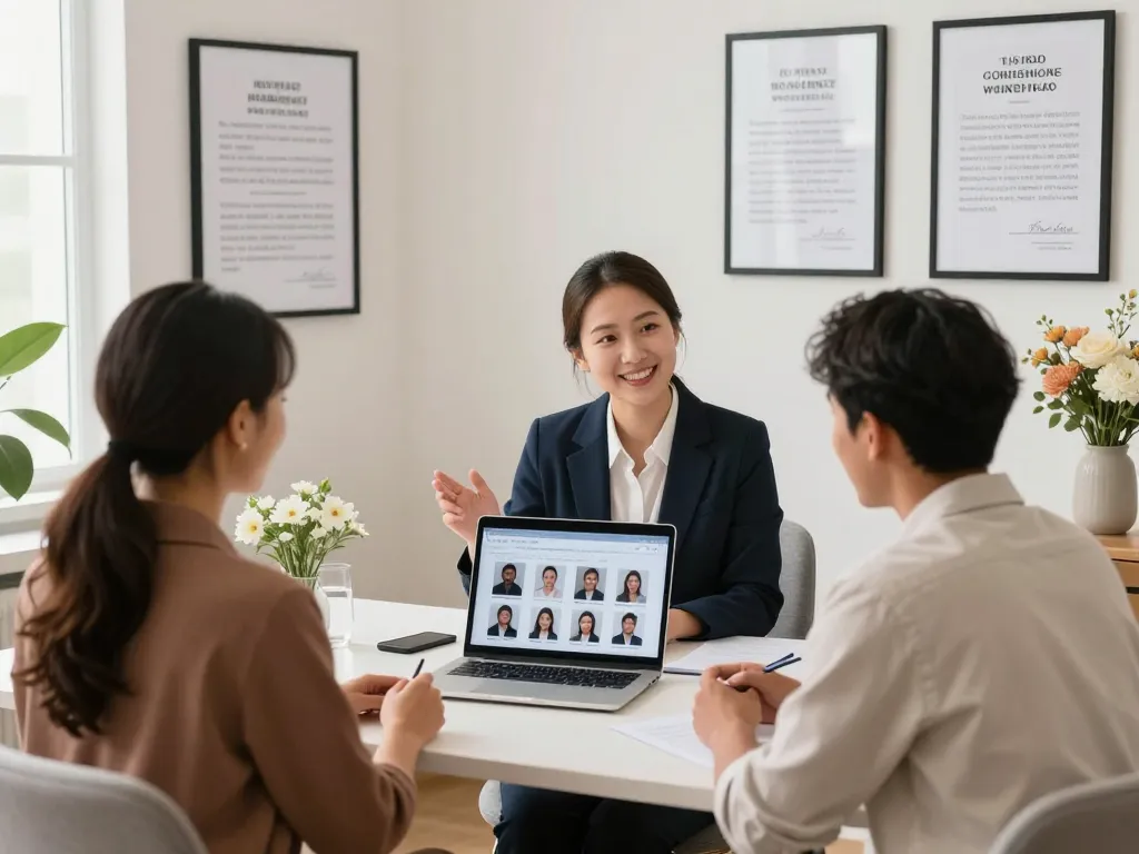 Discover cupal life at a welcoming marriage bureau, showcasing a couple consulting with a professional about matchmaking options.
